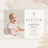 Invitation Baptême Photo Garçon Croix Script Bleu Marine