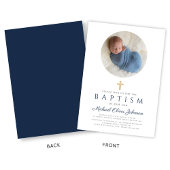 Invitation Baptême photo garçon écriture élégante bleu marine