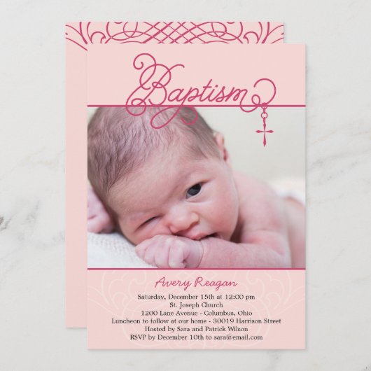 Invitation Baptême Photo Pendentif - Rose (Devant / Derrière)