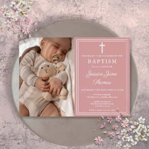 Invitation Baptême photo rose poudrée élégant moderne