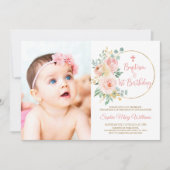 Invitation Baptême photo rose vif et premier anniversaire (Devant)
