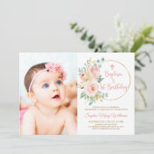 Invitation Baptême photo rose vif et premier anniversaire (Debout devant)