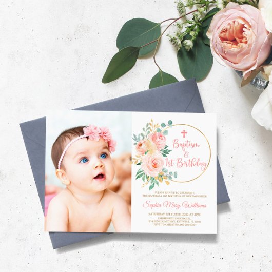 Invitation Baptême photo rose vif et premier anniversaire