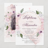 Invitation Baptême Photo Roses Roses Rose Filles Florales (Devant / Derrière)