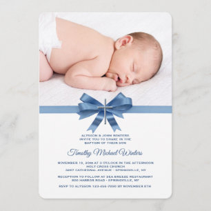 Invitation Baptême Photo Ruban Bleu