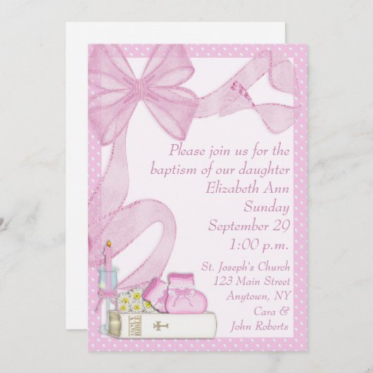 Invitation Baptême Pink Bow (Devant / Derrière)