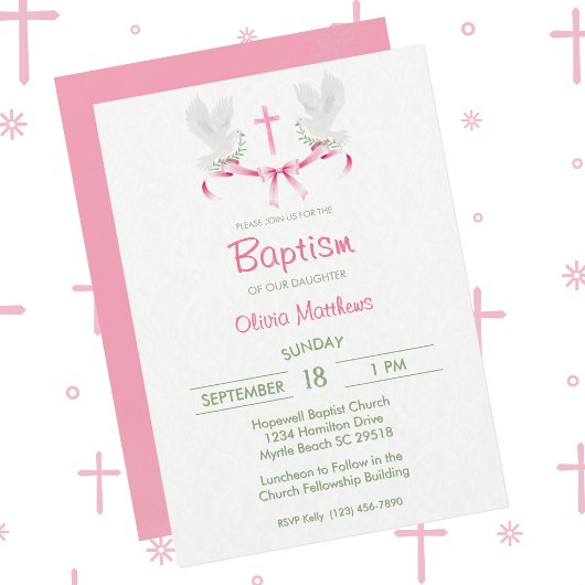 Invitation Baptême Pink Cross Doves filles