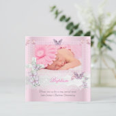 Invitation Baptême Pink dentelle Photo Papillon Croix Fille (Debout devant)