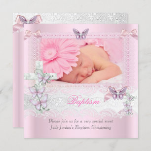 Invitation Baptême Pink dentelle Photo Papillon Croix Fille