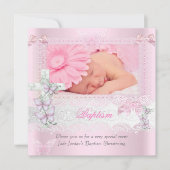 Invitation Baptême Pink Dentelle Photo Papillon Croix Fille 2 (Devant)