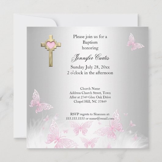 Invitation Baptême Pink Silver Butterfly Cross (Dos)
