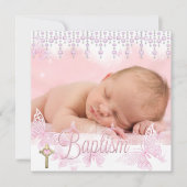 Invitation Baptême Pink Silver Butterfly Cross (Devant)