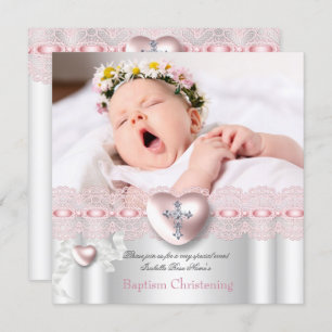 Invitation Baptême Pink Silver Photo Coeur Croix Fille