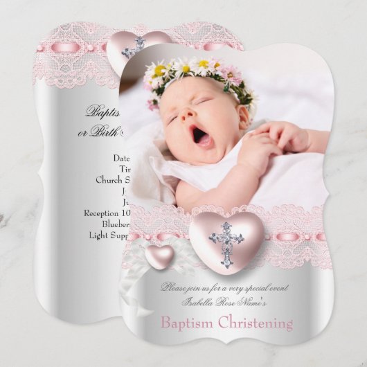 Invitation Baptême Pink Silver Photo Coeur Croix Fille (Devant / Derrière)