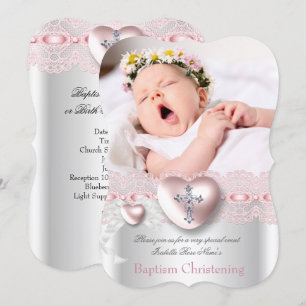Invitation Baptême Pink Silver Photo Coeur Croix Fille