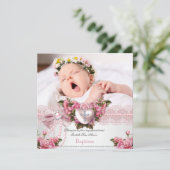 Invitation Baptême Pink Silver Photo Coeur Croix Fille Rose 4 (Debout devant)