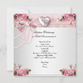 Invitation Baptême Pink Silver Photo Coeur Croix Fille Rose 4 (Dos)