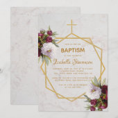 Invitation Baptême Pivois de Bourgogne Marbre Or Géométrique (Devant / Derrière)