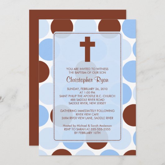 Invitation Baptême pois Brown et bleu d'Inviation de garçon (Devant / Derrière)