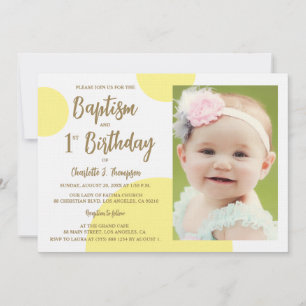 Invitation Baptême pour 1er anniversaire Photo Jaune Or Perso