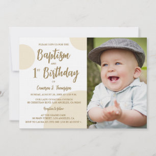 Invitation Baptême pour 1er anniversaire Photo Neutre Beige P