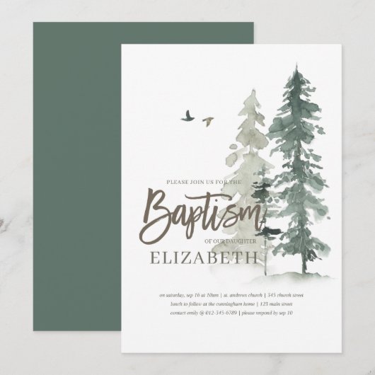 Invitation Baptême Pour Elle | Aquarelle Pine Arbres (Devant / Derrière)