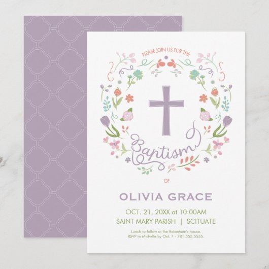 Invitation Baptême pour fille - Jolie, personnalis (Devant / Derrière)