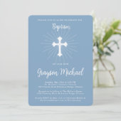 Invitation Baptême pour fils Croix Bleue Poussiéreuse (Debout devant)