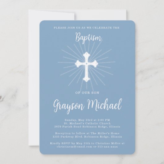 Invitation Baptême pour fils Croix Bleue Poussiéreuse (Devant)