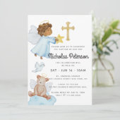 Invitation Baptême pour lui aquarelle anges et croix (Debout devant)