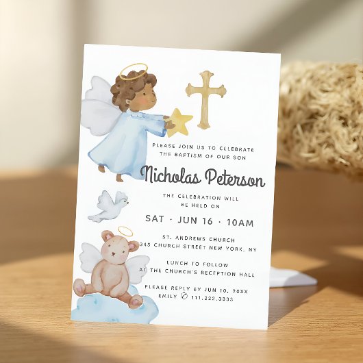 Invitation Baptême pour lui aquarelle anges et croix