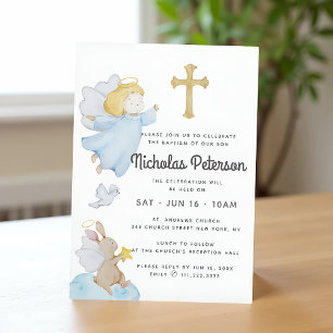 Invitation Baptême pour lui aquarelle anges et croix