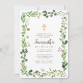 Invitation Baptême Pour Sa Croix De Foliage Aquarellée (Devant)