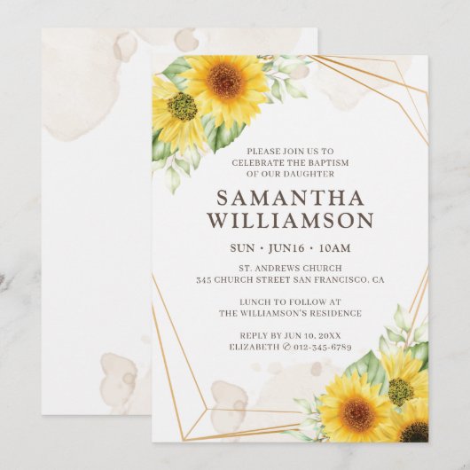 Invitation Baptême Pour Sa Flore De Tournesol Géométrique (Devant / Derrière)