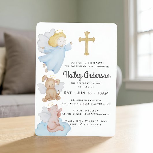Invitation Baptême Pour Ses Anges Aquarelle et Croix