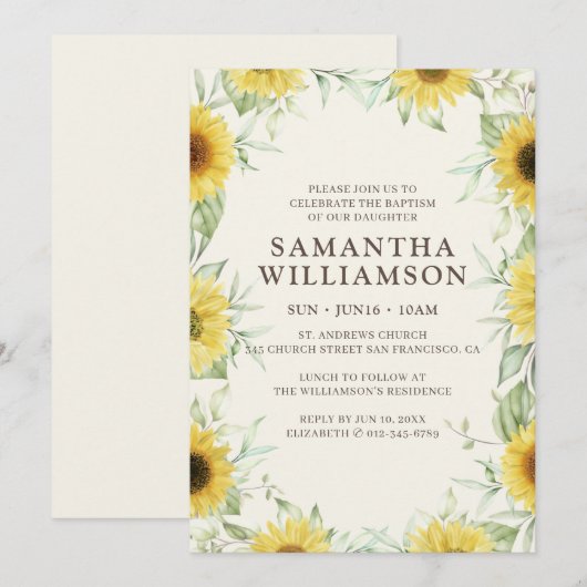 Invitation Baptême Pour Ses Botaniques Florales De Tournesol (Devant / Derrière)