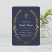 Invitation Baptême Pour Ses Faux Gold Foliage Bleu (Debout devant)