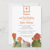 Invitation Baptême & Premier Anniversaire Cactus Rouge Fleurs (Devant)