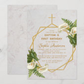 Invitation Baptême Premier Anniversaire Callas Marbre Doré (Devant / Derrière)