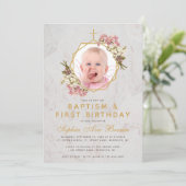 Invitation Baptême Premier anniversaire fille Photo Orchidées (Debout devant)