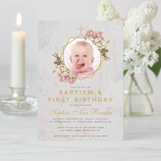 Invitation Baptême Premier anniversaire fille Photo Orchidées