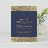 Invitation Baptême Premier anniversaire Marine Blue Gold Rose (Debout devant)