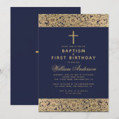 Invitation Baptême Premier anniversaire Marine Blue Gold Rose (Devant / Derrière)