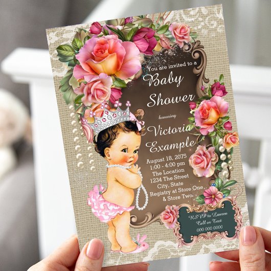 Invitation Baptême Princesse Perle Dentelle de Jute Rustique