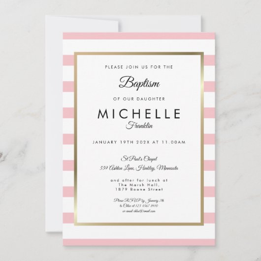 Invitation Baptême rayé rose moderne (Devant)