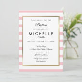 Invitation Baptême rayé rose moderne (Debout devant)