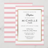 Invitation Baptême rayé rose moderne (Devant / Derrière)
