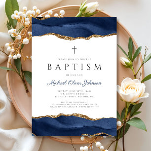 Invitation Baptême Religieux Bébé Agate Bleue Élégant