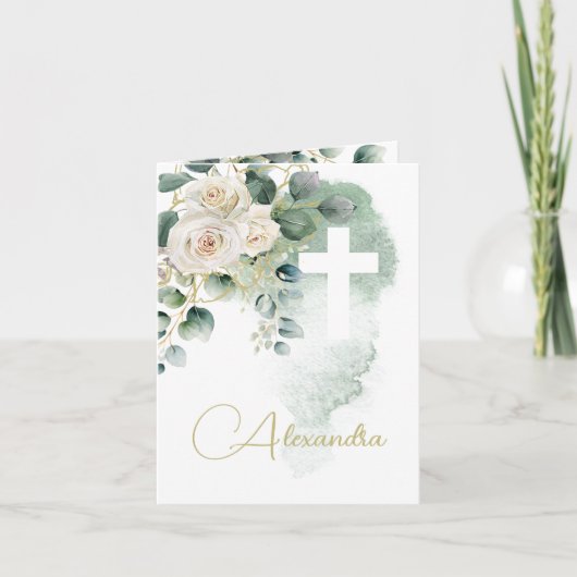 Invitation Baptême Religieux Christening Photo Croix Rose (Devant)