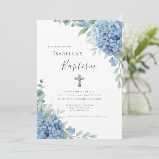 Invitation Baptême religieux Hydrangea Bleue (Debout devant)